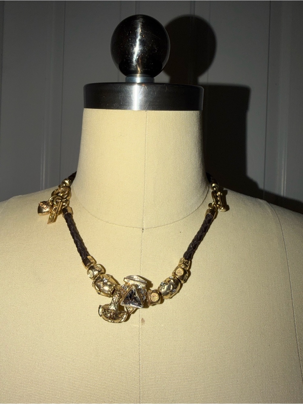 Vintage OTAZU Leather/Metal Toggle Charm Necklace